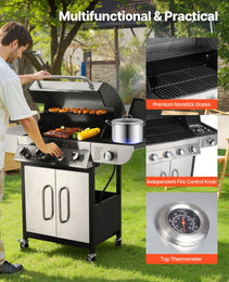 Gas Grill, 4 Burner Propane Gas Grill With Side Burner, 425 SQ.In Grilling Area, Carbon Steel Enamel Grates, Outdoor 52,000 BTU Patio Garden BBQ Grills With Two Side Shelves, Stainless Steel