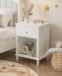 26.77H Wooden Nightstand With One Drawer One Shelf For Kids, Adults, White-Golden Handle