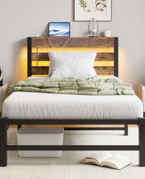Twin Size Bed Frame Heavy Duty Platform Bed Frame With Headboard, USB Charging Station, LED Bed, No Box Spring Needed, Mattress Foundation, Strong Steel Slats, Noise Free, Brown