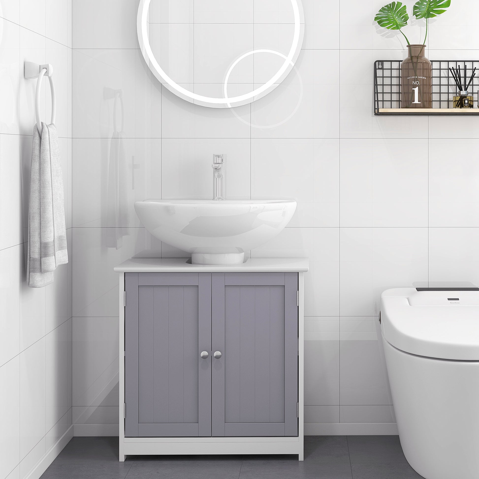 Bathroom Vanities, Bathroom Sink Cabinets with U-Shape Cut-Out and Adjustable Internal Shelf, White and Gray