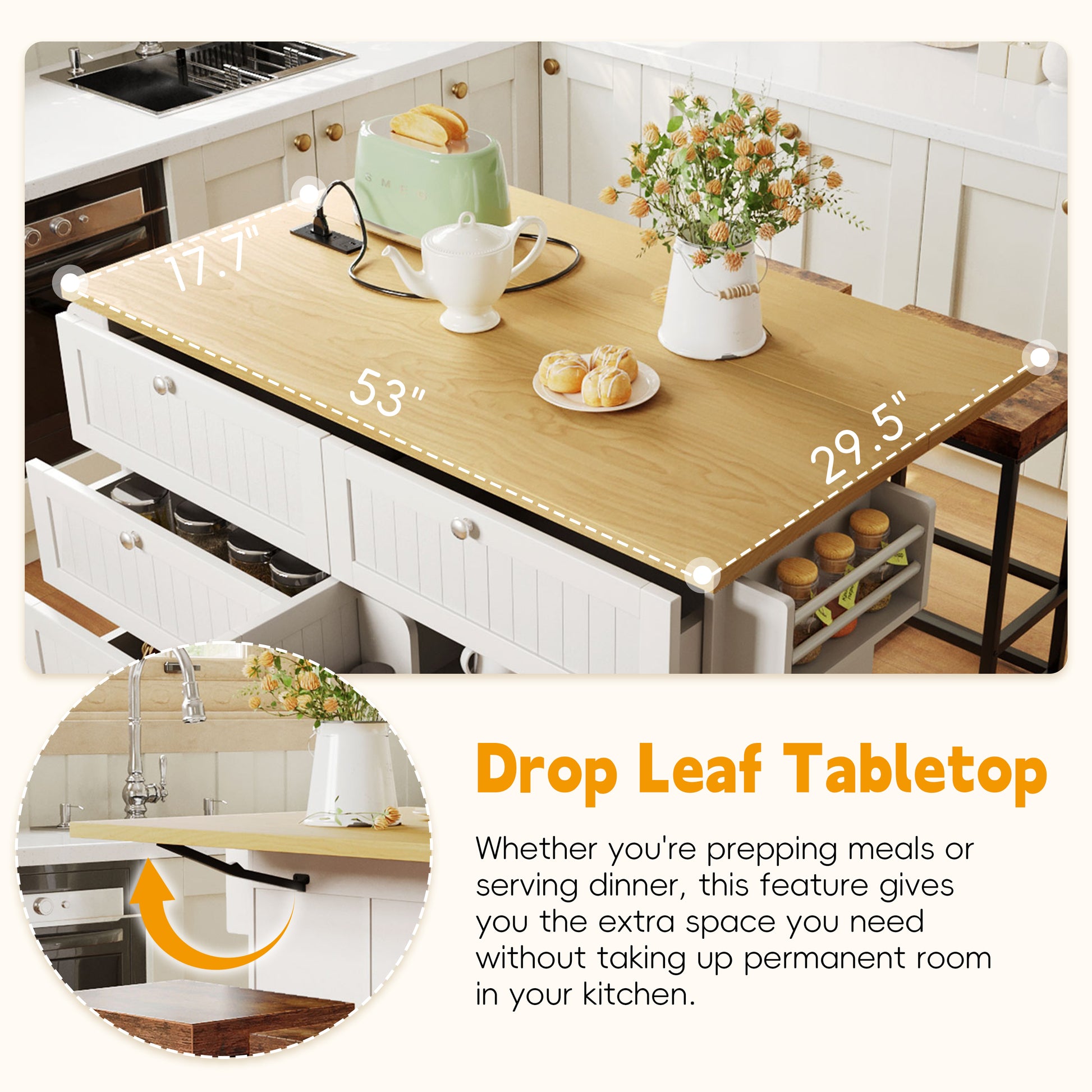 TOPMAx Farmhouse Kitchen Island With Drop Leaf And 2 Seatings  Kitchen Table Set With Storage Cabinet  Drawers  Door Shelves And Power Outlet  White