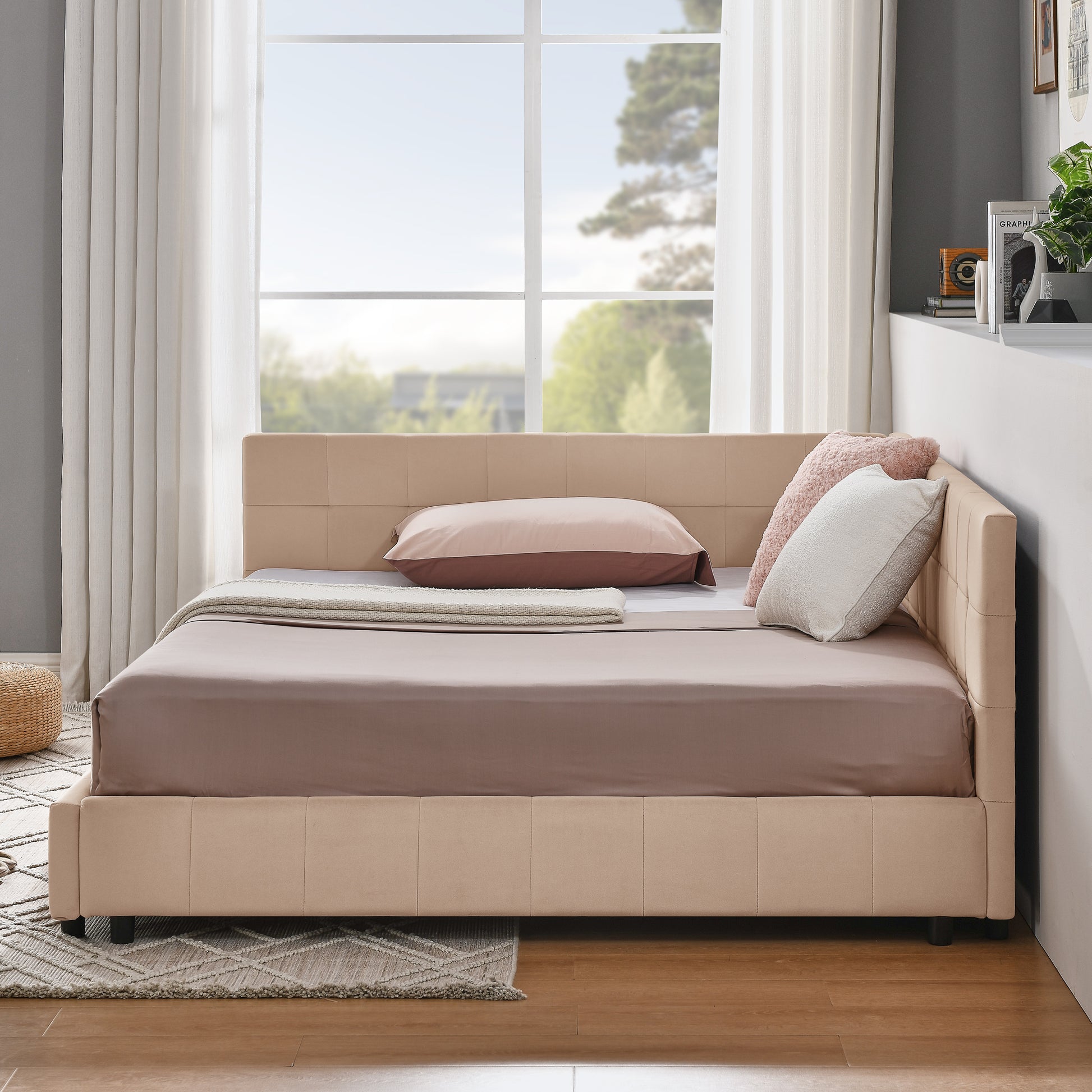Full Size Upholstered Tufted  Bed Frame, Sofa Bed Frame With Comfortable Backrest And Armrests, Full Size Bed For Bedroom, Living Room,Velvet, PINK 80.5x59x30.5
