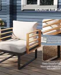 3 Piece Metal Bistro Set, Small Patio Furniture Set With Cushions, Armchairs, Slatted Table For Backyard Balcony, Beige