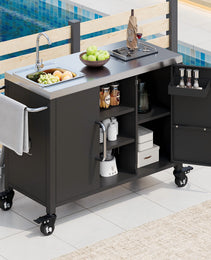 K&K 55.5  Outdoor Kitchen Island With Sink, Metal Grill Cart Table With 304 Stainless Steel Sink, Outdoor Bar Cart Sink Station With 4 Lockable Wheels For Pizza Prep & BBQ, L 55.5  X W 20  H 36.7