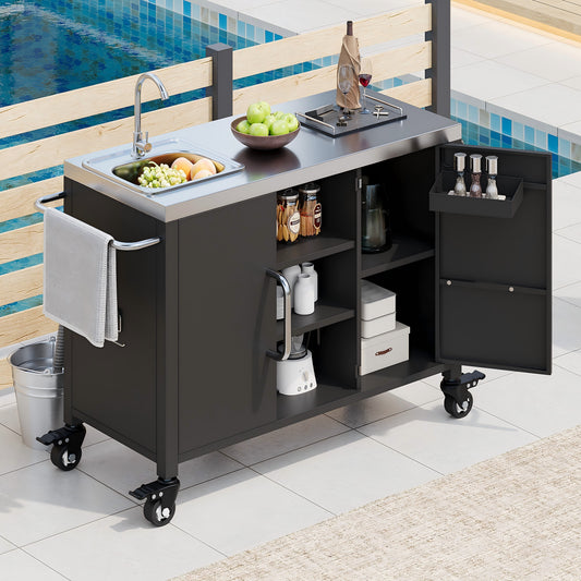 K&K 55.5  Outdoor Kitchen Island With Sink, Metal Grill Cart Table With 304 Stainless Steel Sink, Outdoor Bar Cart Sink Station With 4 Lockable Wheels For Pizza Prep & BBQ, L 55.5  X W 20  H 36.7