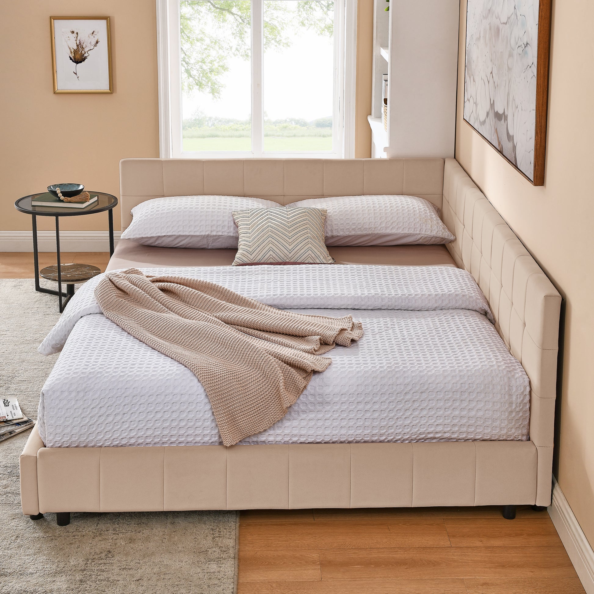 Queen Size Upholstered Tufted Bed Frame, Sofa Bed Frame With Comfortable Backrest And Armrests, Queen Size Bed For Bedroom, Living Room,Velvet, Pink 85.5x64.5x30.5