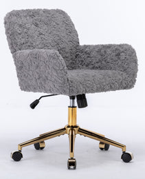 AA Furniture Office Chair,Artificial Rabbit Hair Home Office Chair With Golden Metal Base,Adjustable Desk Chair Swivel Office Chair,Vanity Chair  Gray
