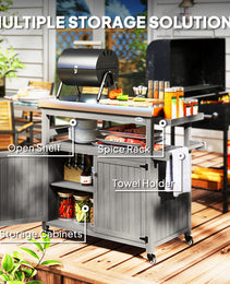 Outdoor Grill Cart w/ Stainless Steel Top, Solid Wood Outdoor Kitchen Island w/ Wheels, Storage Cabinets, Gray