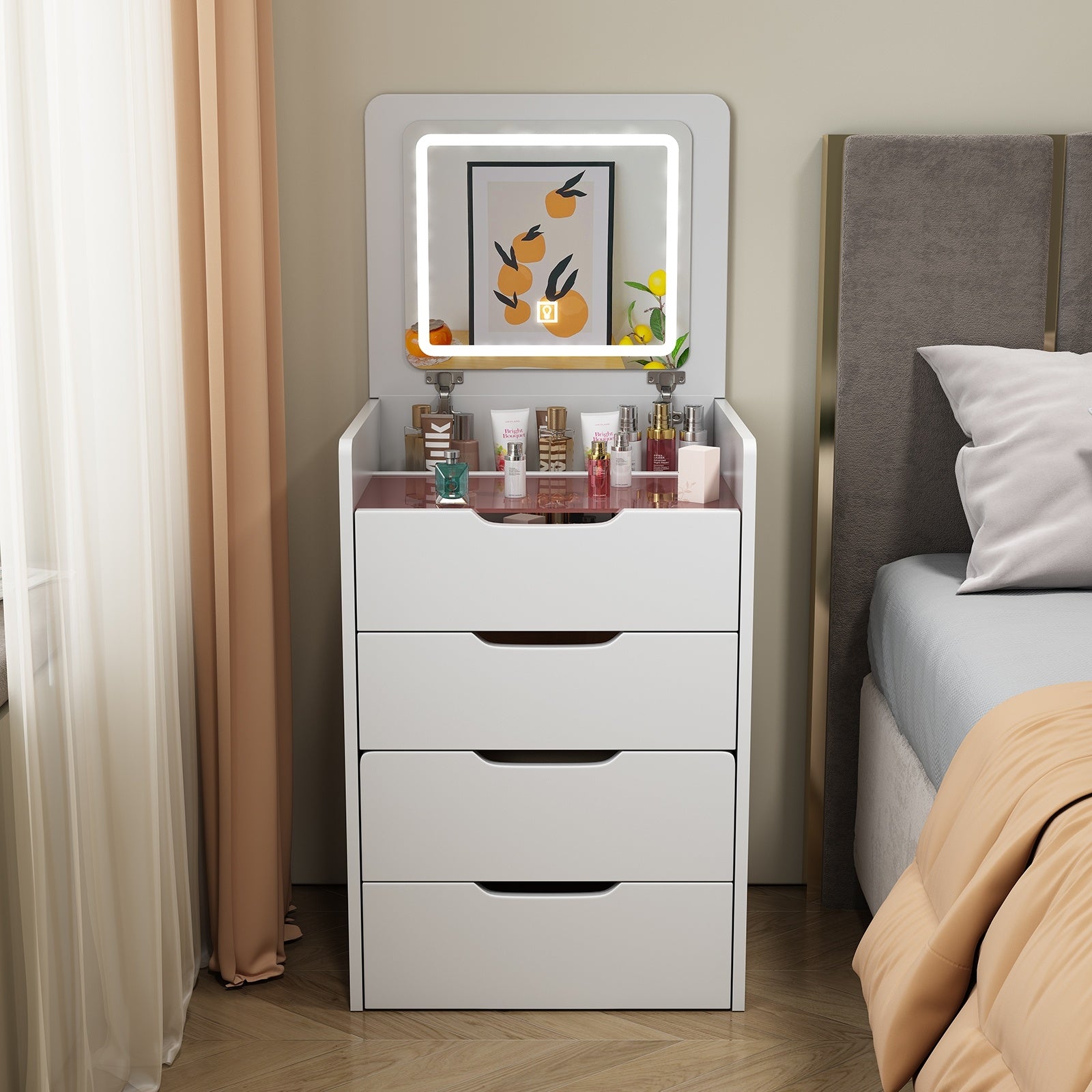 3 In 1 Vanity Desk With Plip Top Mirror,Small Make Up Vanity Set With Visible Glass Desktop,Compact - CJDS