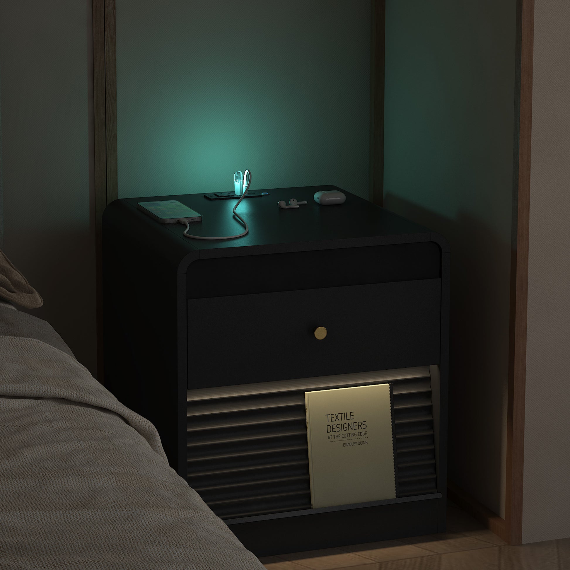 Nightstand With Charging Station, Smart Nightstand With Night Light,with Led Lights,Bedside Tables With Storage Cabinet For Bedroom,Black