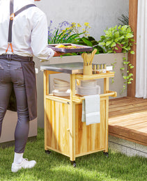 Outdoor Grill Cart w/ Stainless Steel Top, Solid Wood Outdoor Kitchen Island w/ Wheels, Integrated Hole, Natural Wood