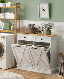 Tilt Out Laundry Hamper Cabinet, Bathroom Storage Cabinet with 2 Removable Baskets and 2 Drawers, White