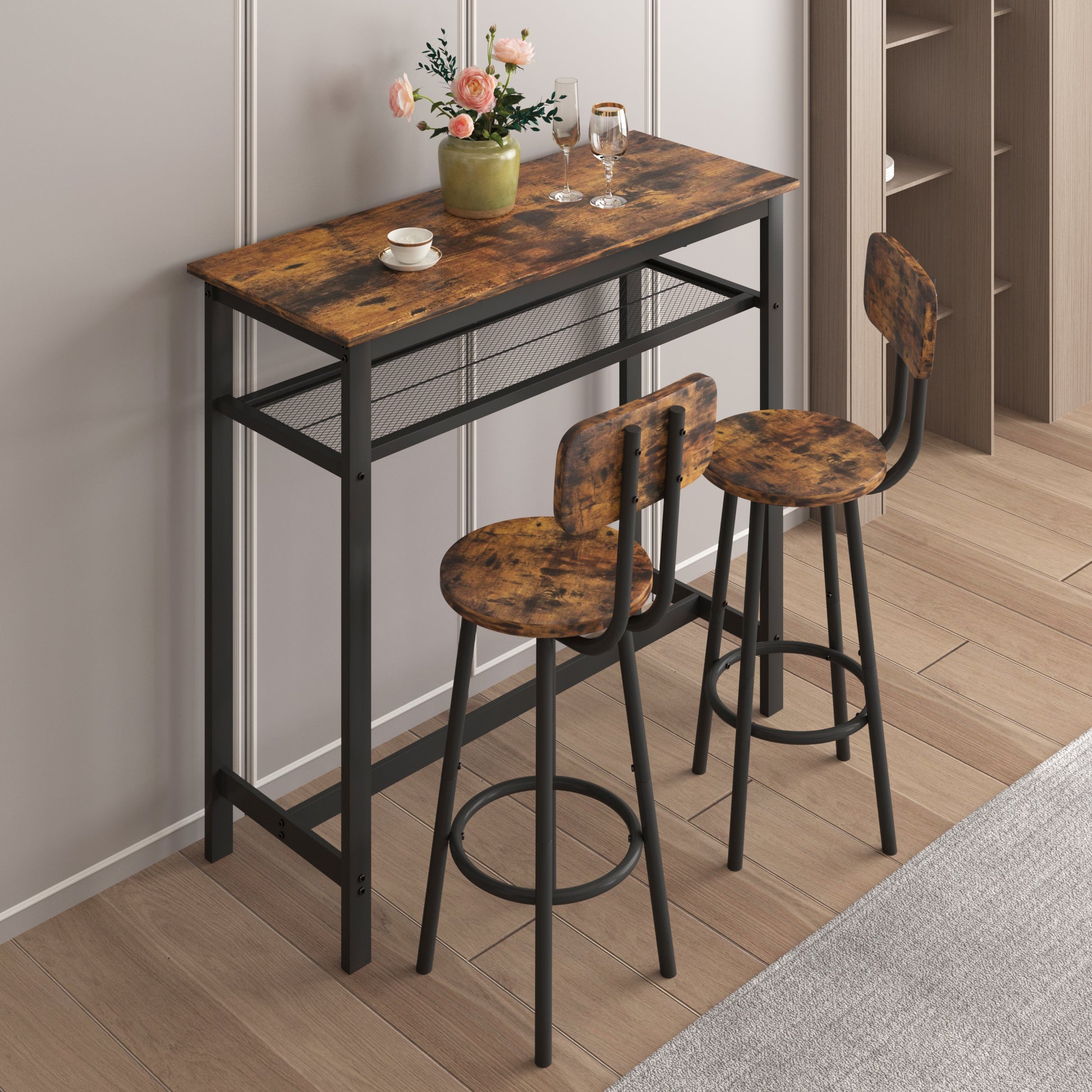 Bar Table, Equipped With 2 Bar Stools , With Backrest And Partition Rustic Brown