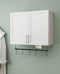 Bathroom Wall Cabinet With Adjustable Shelf, Towel Bar, 5 Hooks, Over The Toilet Storage Cabinet For Bathroom, Kitchen, White