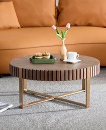 Modern Handcraft Drum Coffee Table 31.5 Inch Round Coffee Table For Living Room,Small Coffee Table With Sturdy Pedestal,Walnut