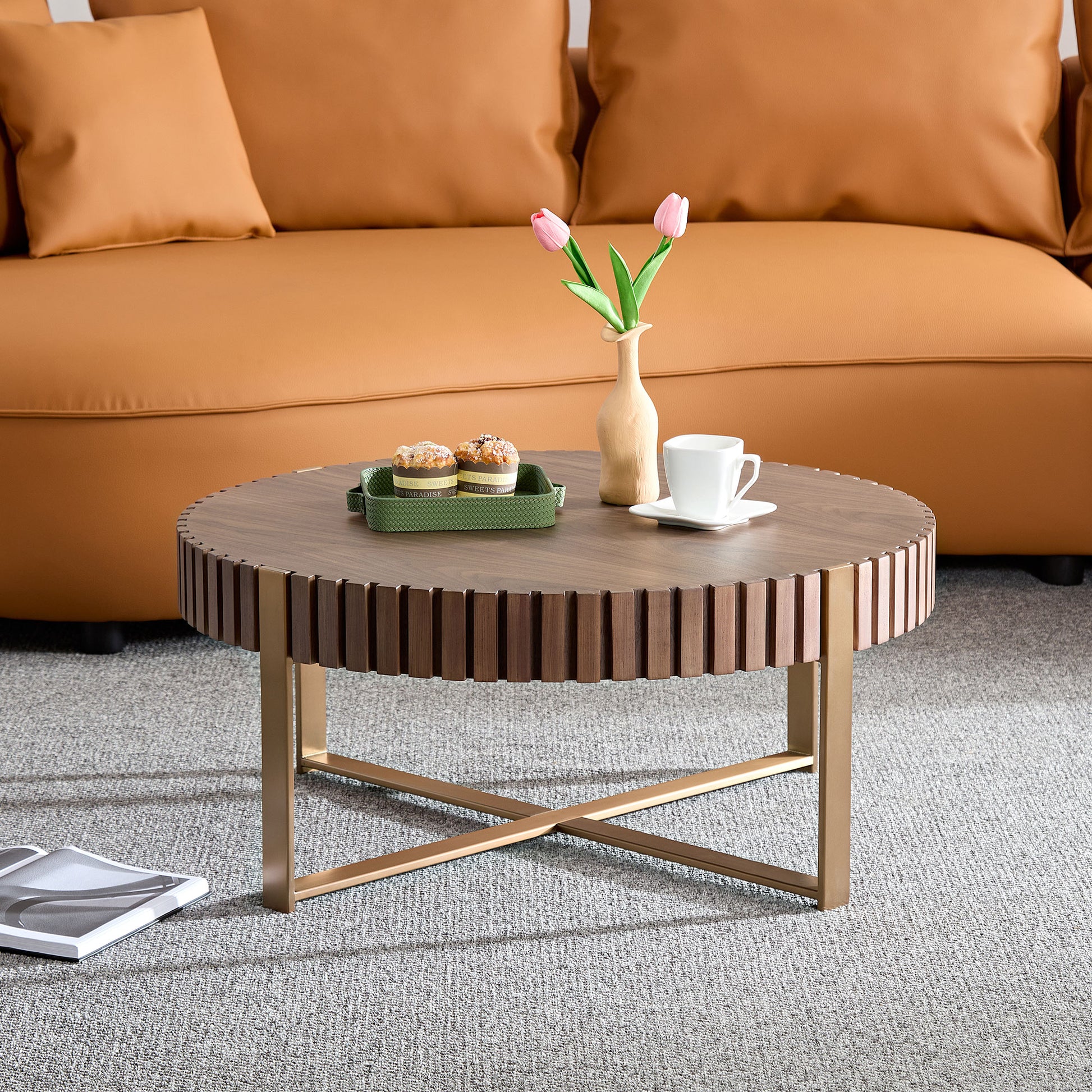 Modern Handcraft Drum Coffee Table 31.5 Inch Round Coffee Table For Living Room,Small Coffee Table With Sturdy Pedestal,Walnut