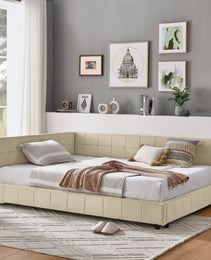 Full Size Upholstered Tufted  Bed Frame, Sofa Bed Frame With Comfortable Backrest And Armrests, Full Size Bed For Bedroom, Living Room,Velvet, NEW BEIGE 80.5x59x30.5