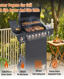 6 Burner BBQ Propane Gas Grill With Side Burner 72000 BTU Output Stainless Steel Barbecue Grill With Cast Iron Grates And Side Tables For Outdoor Cooking Kitchen And Patio Backyard.