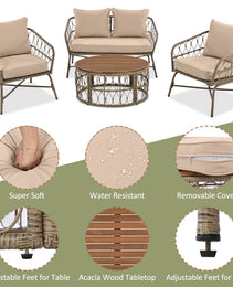 GO Bohemia-inspired 4-Person Outdoor Seating Group With Removable Cushions, Conversation Patio Set With Wood Tabletop, Beige