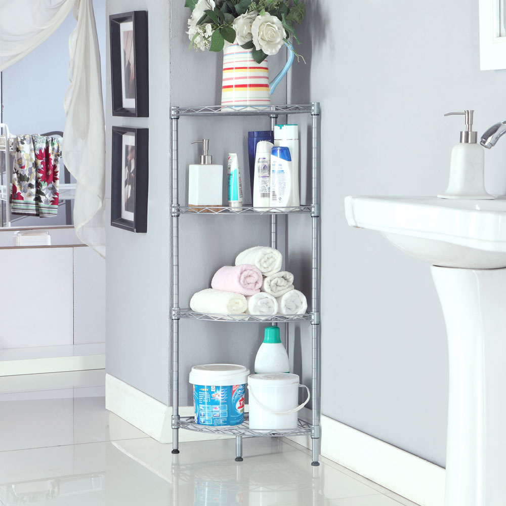 4-Tier Corner Storage Shelves, Wire Shelving Unit, Metal Shelf, Steel Storage Rack For Laundry Bathroom Kitchen Silver