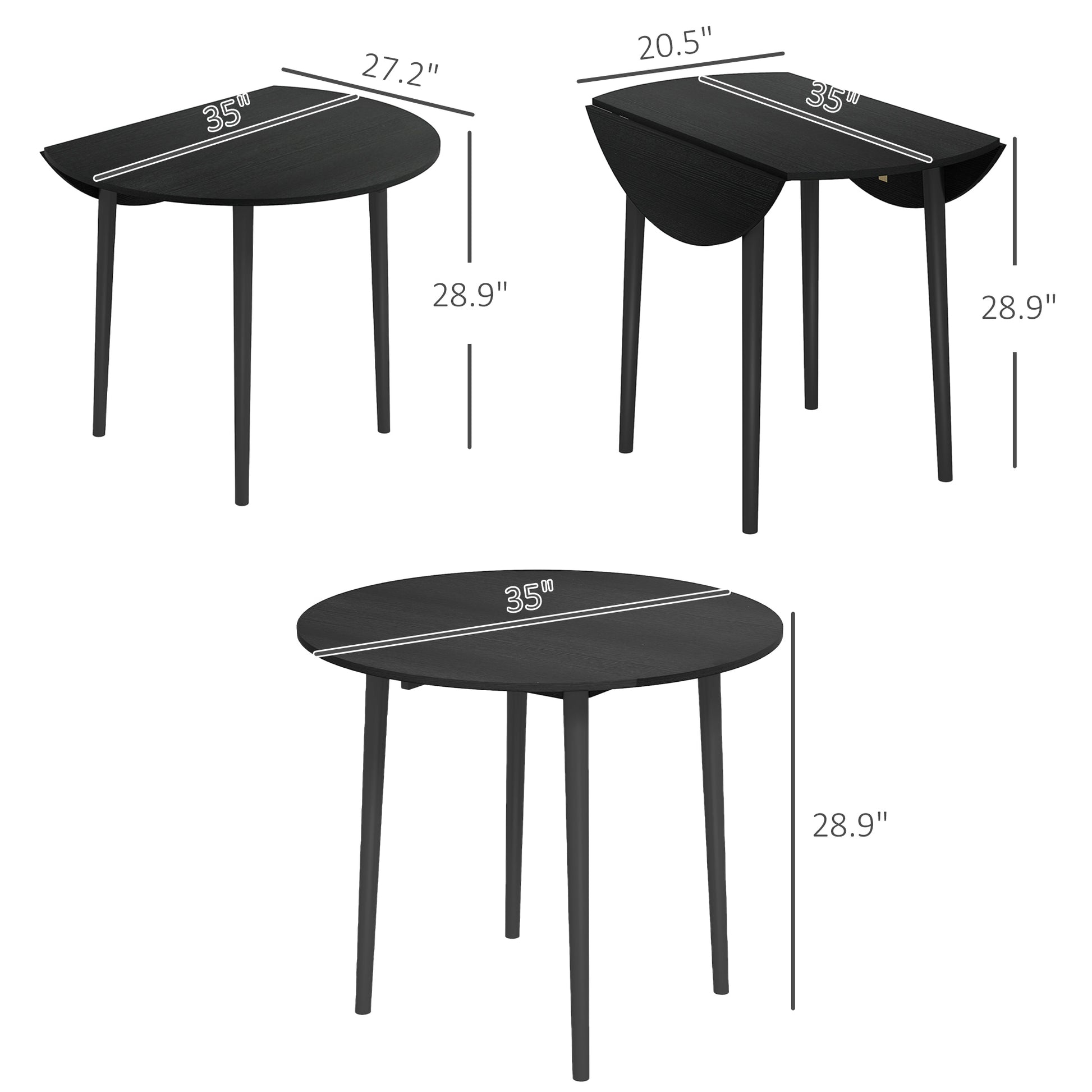 Folding Dining Table, Round Drop Leaf Kitchen Table for Small Spaces with Wood Legs, Black
