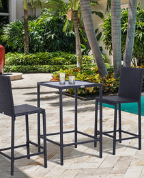 3pcs Rattan Bar Set With Glass Top Table, 2 Bar Stools For Outdoor, Patio, Garden, Poolside, Backyard