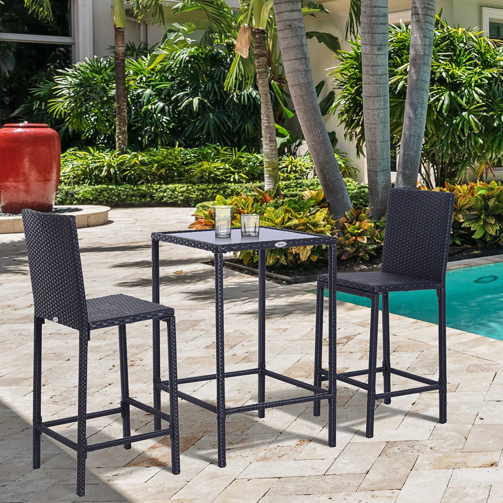 3pcs Rattan Bar Set With Glass Top Table, 2 Bar Stools For Outdoor, Patio, Garden, Poolside, Backyard
