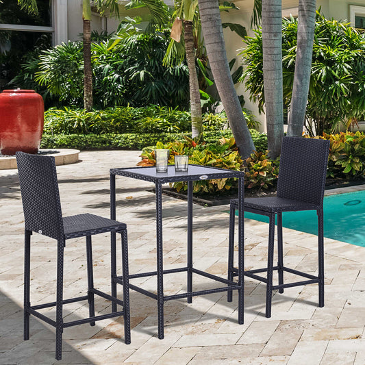 3pcs Rattan Bar Set With Glass Top Table, 2 Bar Stools For Outdoor, Patio, Garden, Poolside, Backyard