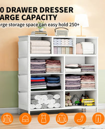 10-Drawer Dresser With Side Pocket & Hooks, Storage Cabinet With Wood Top For Bedroom Closet Organization