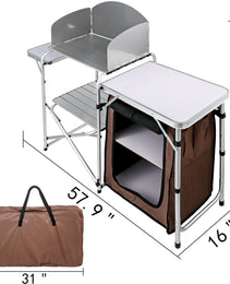 Camping Kitchen Table Picnic Cabinet Folding Cooking Storage Rack Portable Brown
