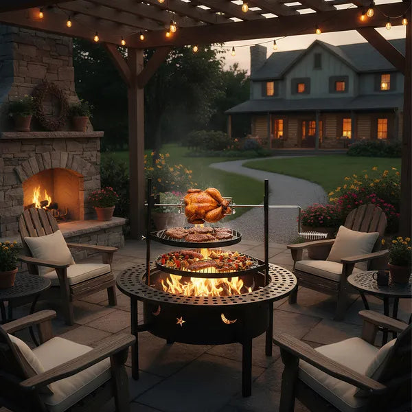 33 Inch Outdoor Fire Pit With 2 Cooking Grills, Wood Burning Firepit With Removable Swivel Grill, For Backyard Deck Bonfire Patio Picnic, Black