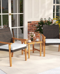 3 Pieces Patio PE Wicker Furniture Set Acacia Wood Outdoor Conversation Bistro Set
