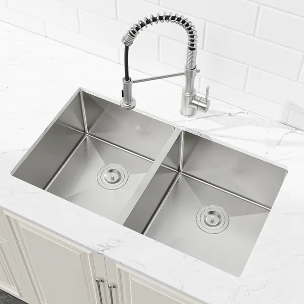 33'x19' Embedded Double Bowl Kitchen Sink, Undermount Handmade Sink In Brushed - Sink Only - Unable Ship Weekends, TK And TEMU Only For Pickup