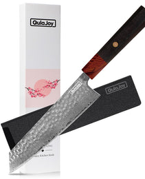 Qulajoy 8 Inch Chef Knife - Japanese Damascus VG-10 Super Steel Hammered Kitchen Knife - African Rosewood Octagonal Handle With Sheath