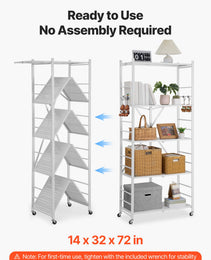 5-Tier Foldable Storage Shelf, 32W X 14D X 72H Inch Folding Metal Rack Shelving Unit, No Assembly Organizer Shelf With 5 Wheels & 4 Hooks For Pantry, Kitchen, Garage, Basement, White