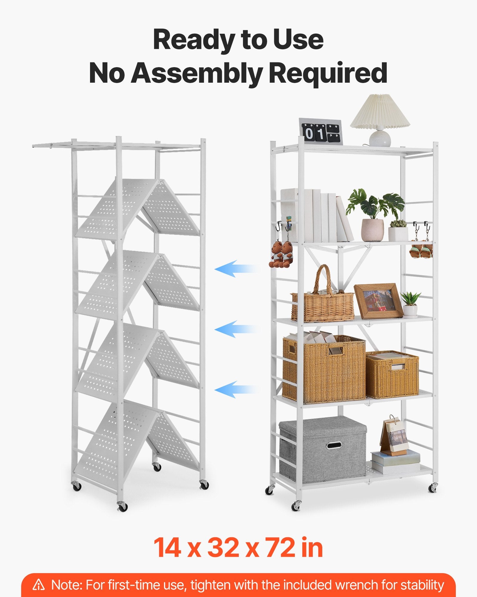 5-Tier Foldable Storage Shelf, 32W X 14D X 72H Inch Folding Metal Rack Shelving Unit, No Assembly Organizer Shelf With 5 Wheels & 4 Hooks For Pantry, Kitchen, Garage, Basement, White