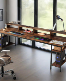 Two Person Desk With Monitor Stand, 78.74" Long Double Computer Office Desk With Storage Shelves, Large Gaming Study Writing Table