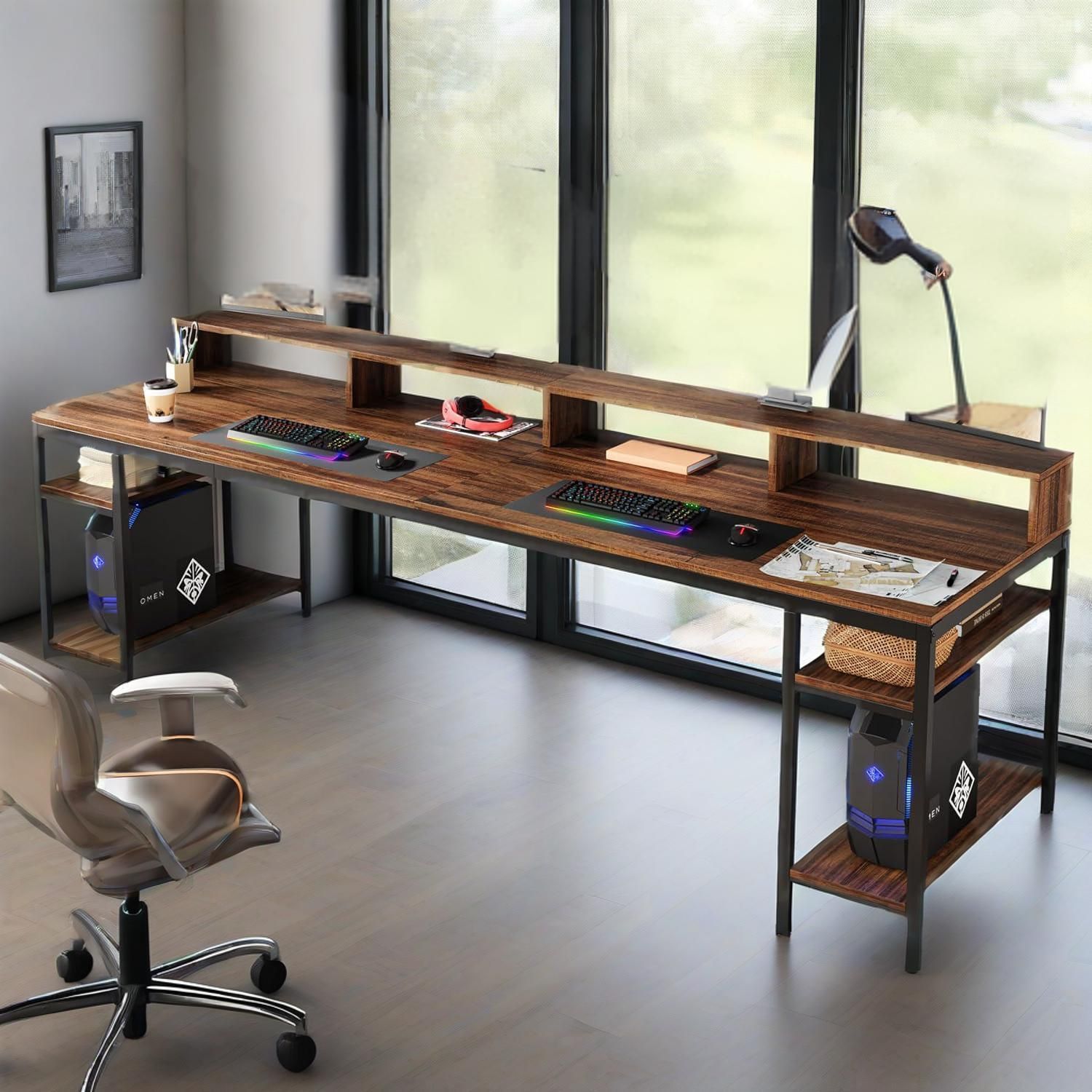 Two Person Desk With Monitor Stand, 78.74" Long Double Computer Office Desk With Storage Shelves, Large Gaming Study Writing Table