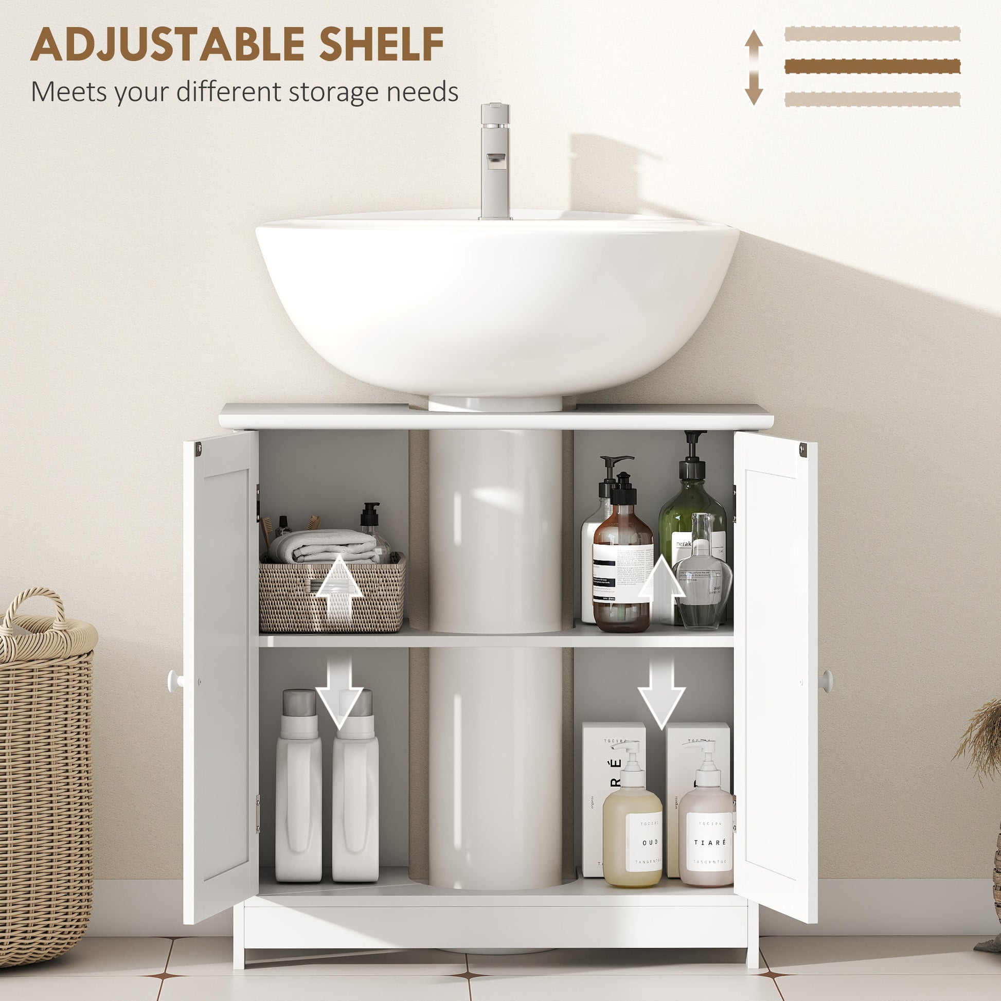 Under Sink Bathroom Cabinet, Pedestal Sink Storage Cabinet with 2 Doors, Shelf and U-Shape, White