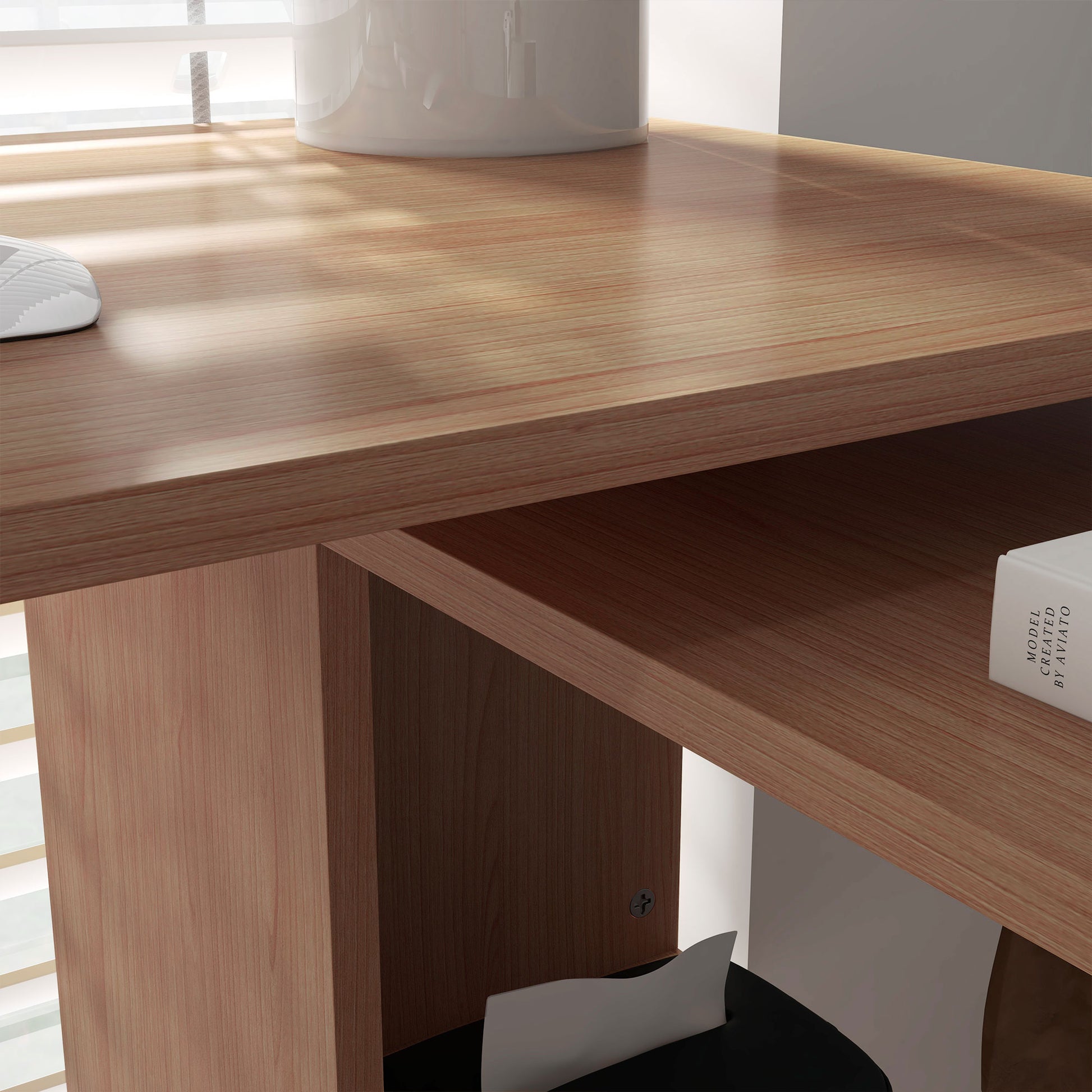 360° Rotating Home Office Desk L Shaped Corner Computer Desk with Storage Shelves, Writing Table Workstation, Teak