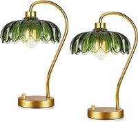 Flower Table Lamp for Bedroom Living Room,Small Gold Bedside Lamps Dimmable Boho Bedroom Lamp with Glass Green Lamp Shade,Vintage Mid Century Modern Mini Nightstand Lamp