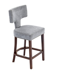 Mid Century Modern Counter Height Bar Stools Set Of 2, Farmhouse Linen Fabric Upholstered Accent Chair Curved Backrest With Copper Nails Around,Kitchen Chairs With Hardwood Frame, Gray