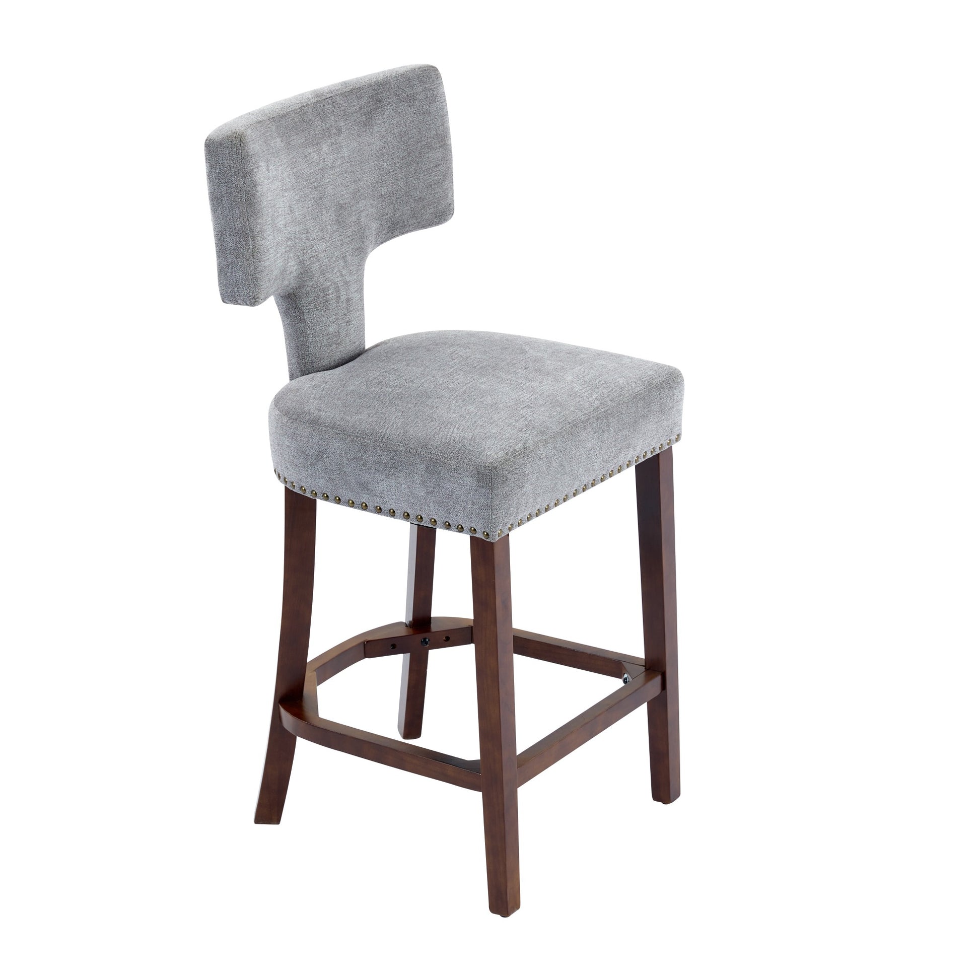 Mid Century Modern Counter Height Bar Stools Set Of 2, Farmhouse Linen Fabric Upholstered Accent Chair Curved Backrest With Copper Nails Around,Kitchen Chairs With Hardwood Frame, Gray