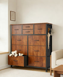 10-Drawer Dresser With Side Pocket & Hooks, Storage Cabinet With Wood Top For Bedroom Closet Organization