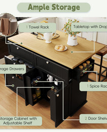 Available TOPMAX Farmhouse Kitchen Island With Drop Leaf And 2 Seatings, Kitchen Table Set With Storage Cabinet, Drawers, Door Shelves And Power Outlet, Black