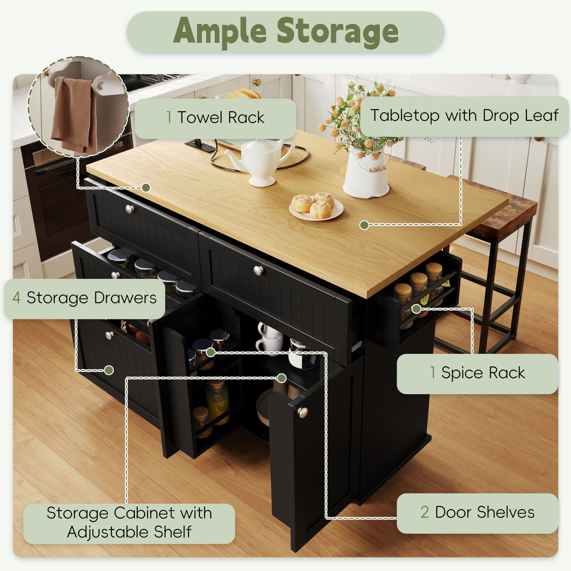 Available TOPMAX Farmhouse Kitchen Island With Drop Leaf And 2 Seatings, Kitchen Table Set With Storage Cabinet, Drawers, Door Shelves And Power Outlet, Black