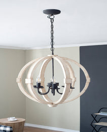 6 - Light Wood Chandelier With Adjustable Chain