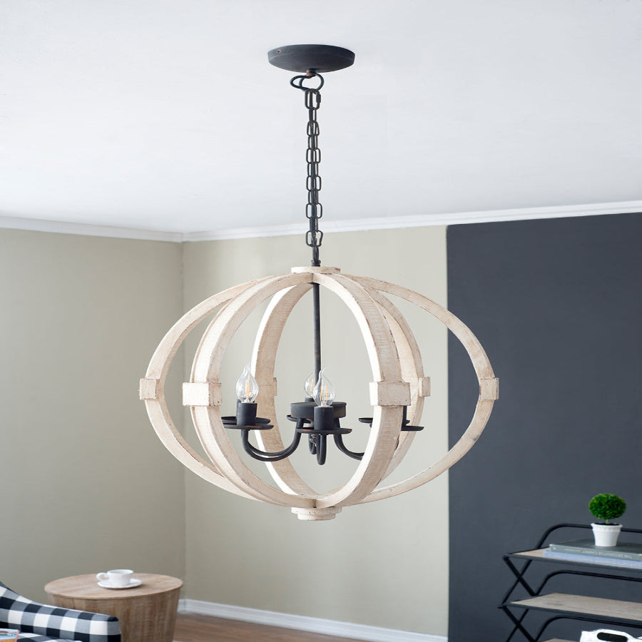 6 - Light Wood Chandelier With Adjustable Chain