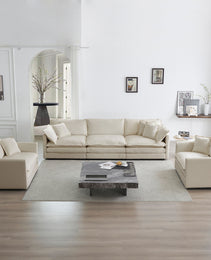 Sofa Set Of 3, 1-1-3 Seats Living Room Sofa Set, Accent Chair, Loveseat, And Three-Seat Sofa Modern Style Round Arms 3 Piece Sofa Set, Beige Chenille