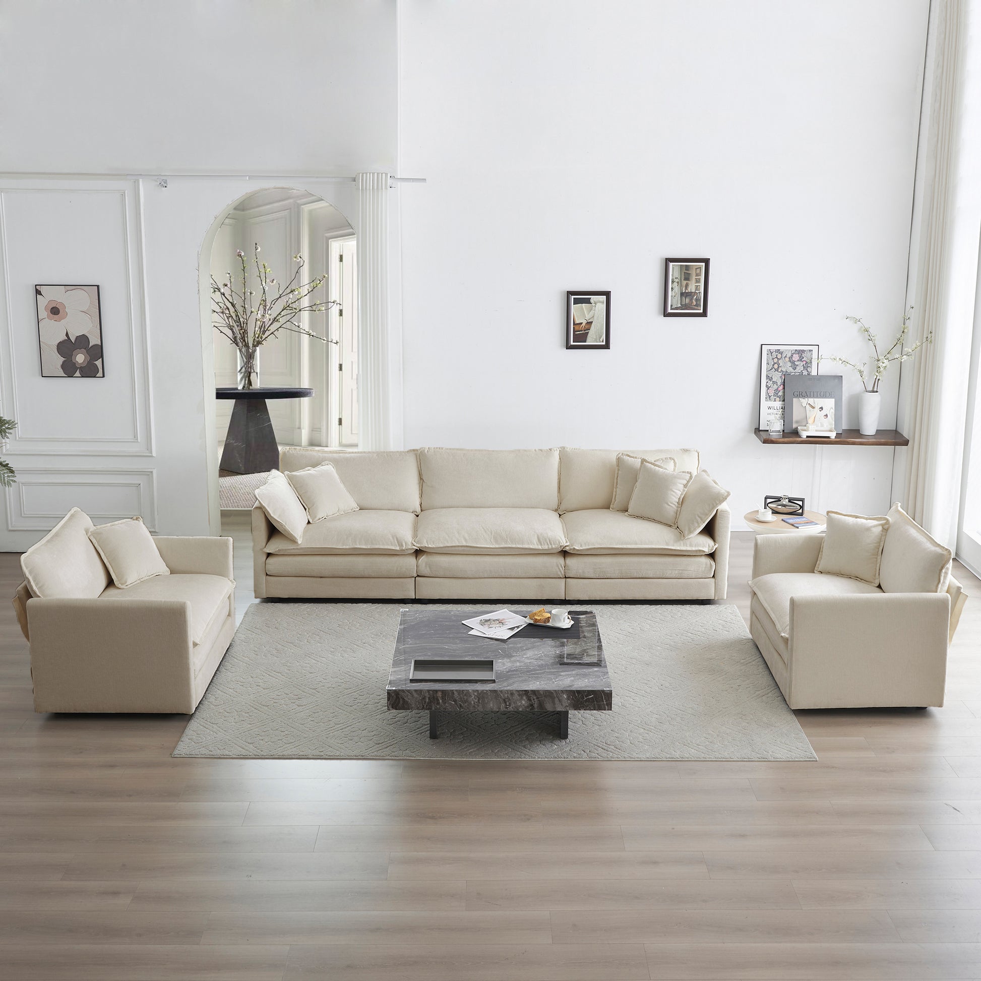 Sofa Set Of 3, 1-1-3 Seats Living Room Sofa Set, Accent Chair, Loveseat, And Three-Seat Sofa Modern Style Round Arms 3 Piece Sofa Set, Beige Chenille